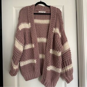 Chunky Knit Cardigan Sweater - Pink and Cream